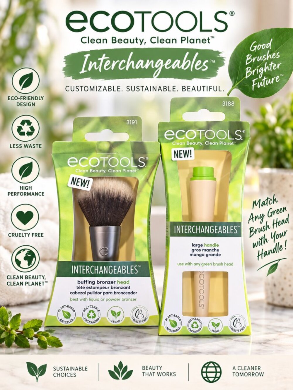 EcoTools Interchangeables Buffing Bronzer Brush Head + Large Handle NEW 2PC Set